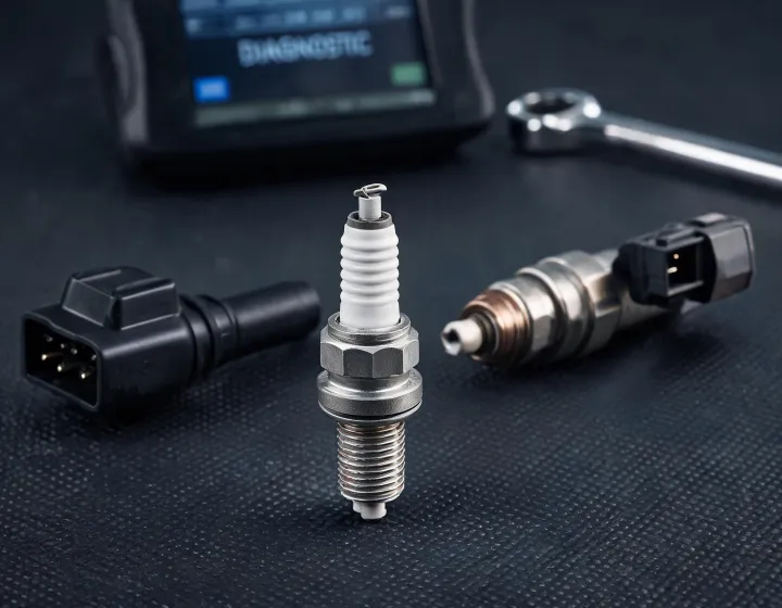 Champion spark plug, ignition coil and oxygen sensor on a diagnostic workbench
