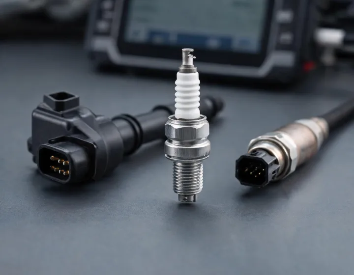 Champion spark plug, ignition coil and oxygen sensor on a diagnostic workbench